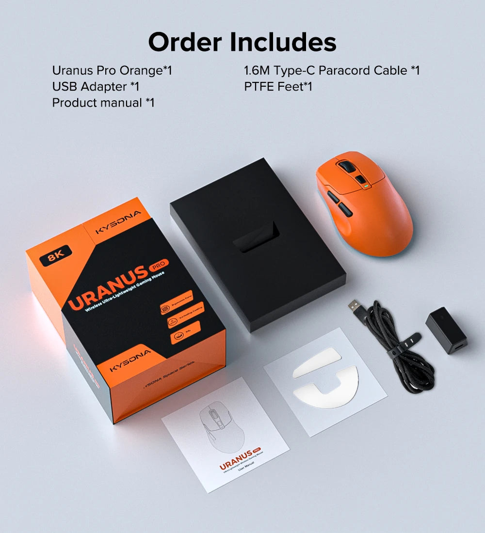 KYSONA Uranus PRO Wireless Gaming Mouse 8K Polling Rate PAW3395 Optical Sensor 26k DPI 54g Ultra-Lightweight Tri-Mode Connection