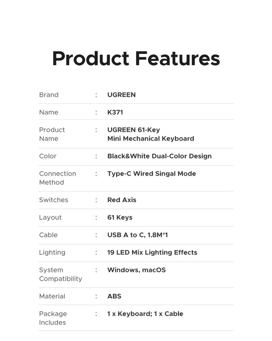 UGREEN Mechanical Keyboard 61 PBT Keycaps Wired Keyboard Russian/EN for Desktop Laptop Windows Mac OS Gaming