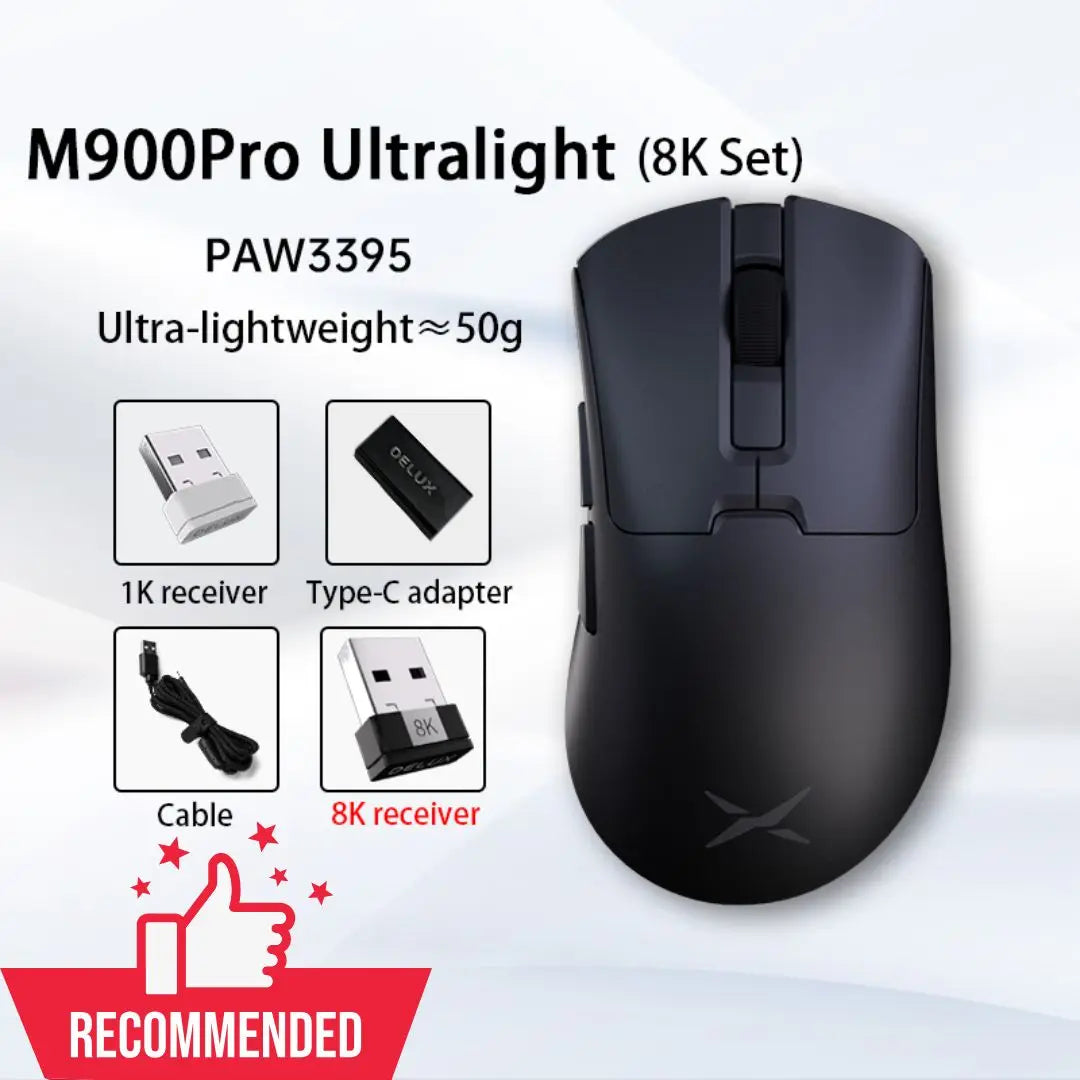 Delux M900PRO Ultra-light Version Wireless Gaming Mouse Ergonomic 1K/8K Polling Rate 50g PAW3395 for Right Big Hand PC Laptop