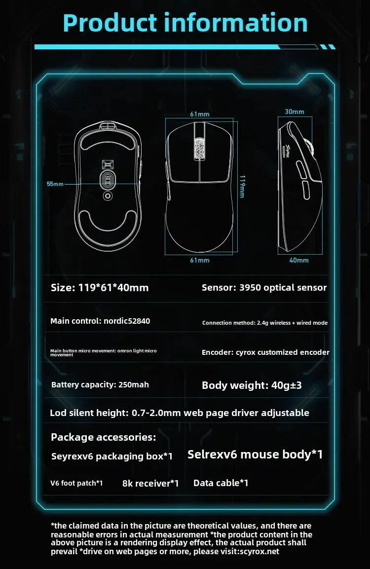 SCYROX V6 non-porous wireless mouse esports 40g with 8k receiver fast response pixart 3950 high quality 8KHz web driver 750IPS