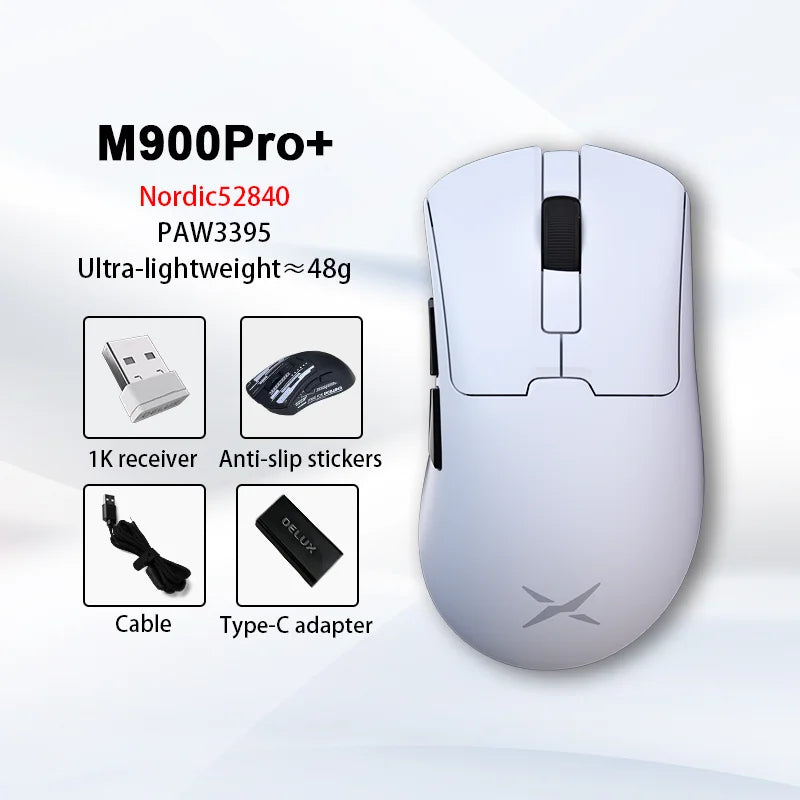 Delux M900PRO Ultra-light Version Wireless Gaming Mouse Ergonomic 1K/8K Polling Rate 50g PAW3395 for Right Big Hand PC Laptop