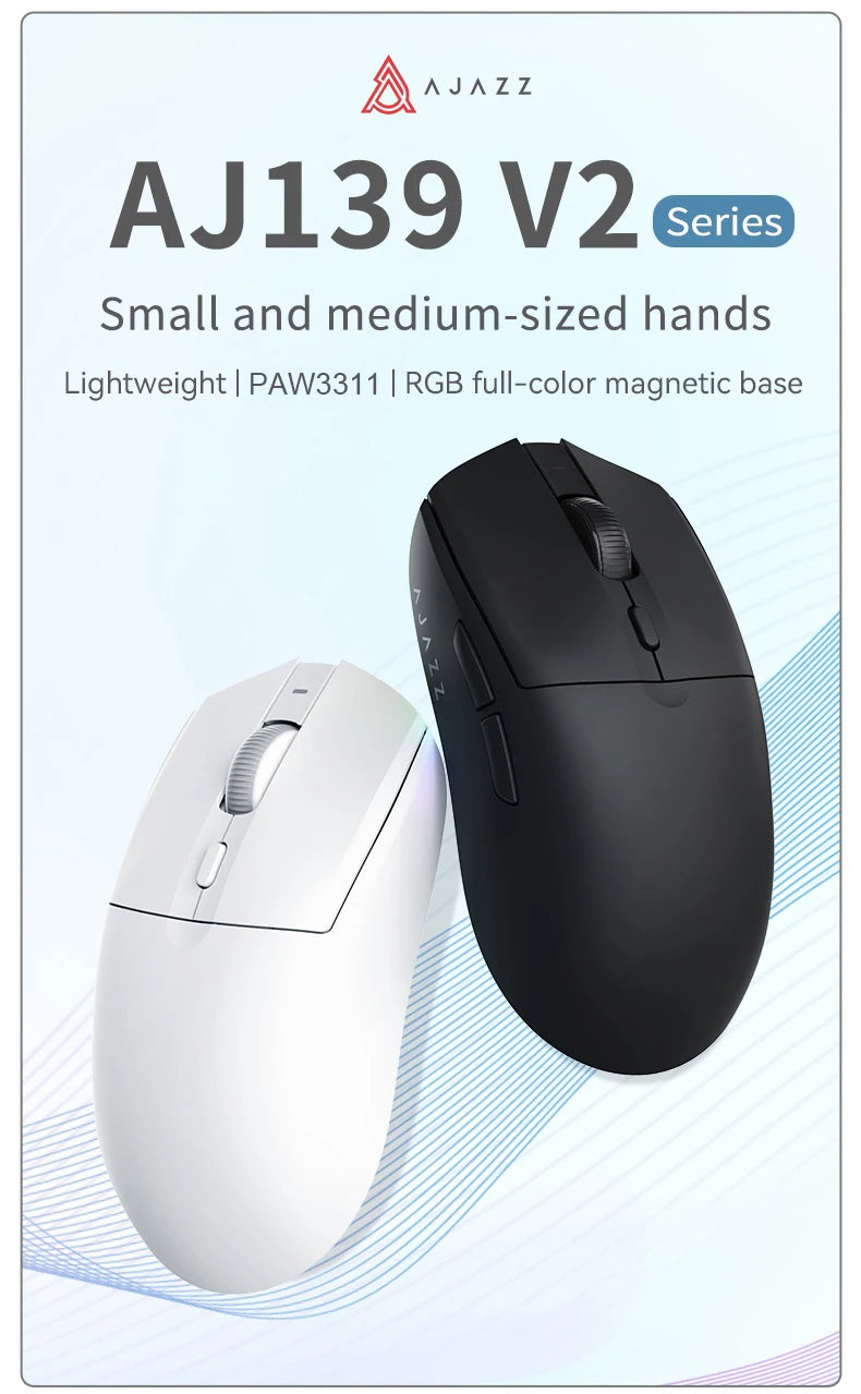 AJ139-V2-MC Tri-mode Wired/2.4GHz /BT Wireless Gaming Mouse with Magnetic Charging Base PAW3311 Gaming Chipset 12000DPI Max