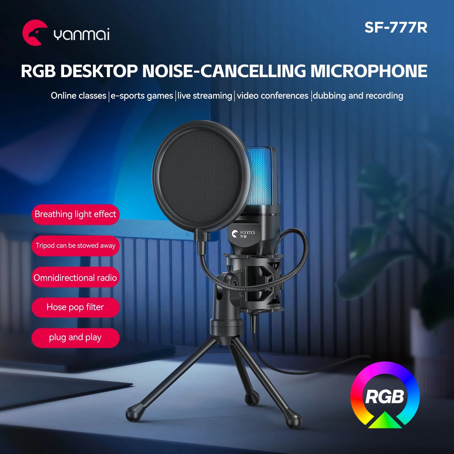 Cross-Border Hot Foreign Trade Game RGB Gaming Condenser Computer Desktop Microphone Microphone