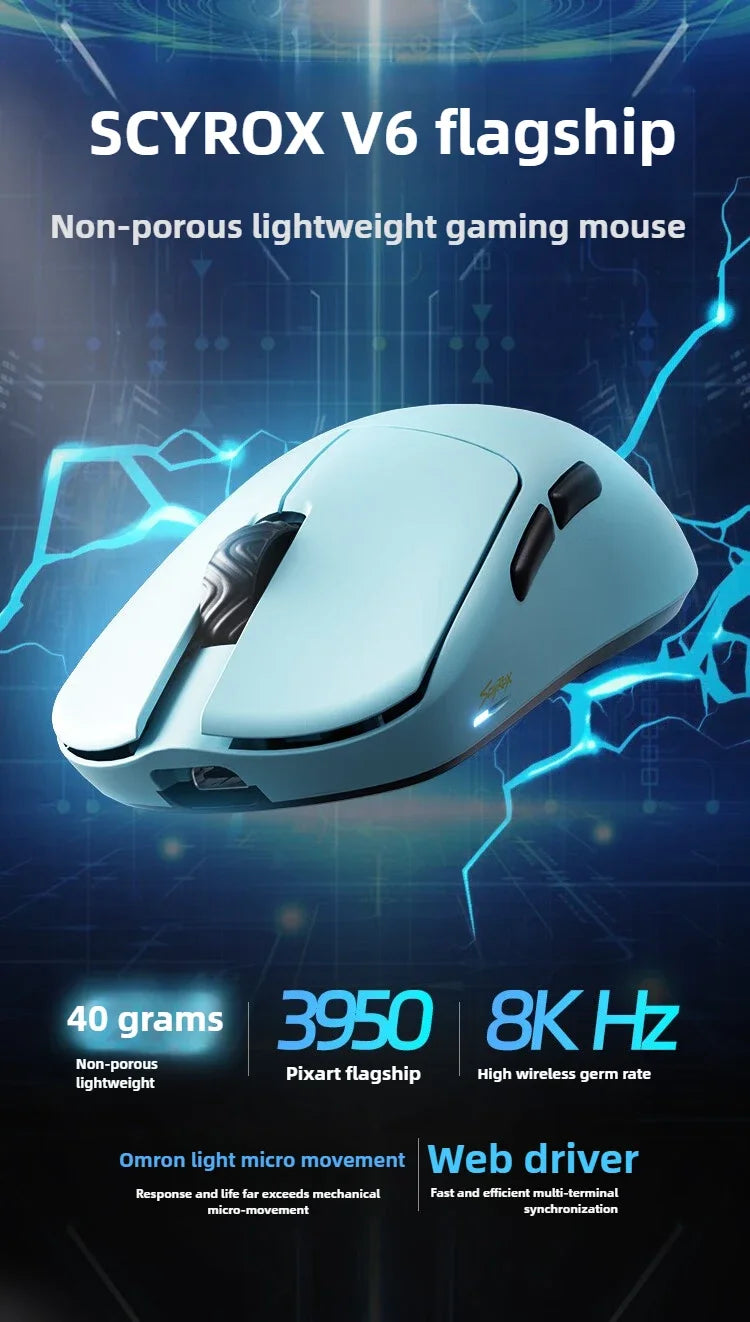 SCYROX V6 non-porous wireless mouse esports 40g with 8k receiver fast response pixart 3950 high quality 8KHz web driver 750IPS