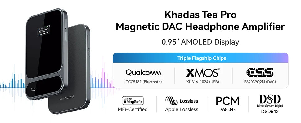 Khadas Tea Pro Portable Headphone Amp with Magnetic/0.95" Display/BT5.4/2100mAh/ESS ES9039Q2M, support PCM 768/DSD 512/3.5/4.44m