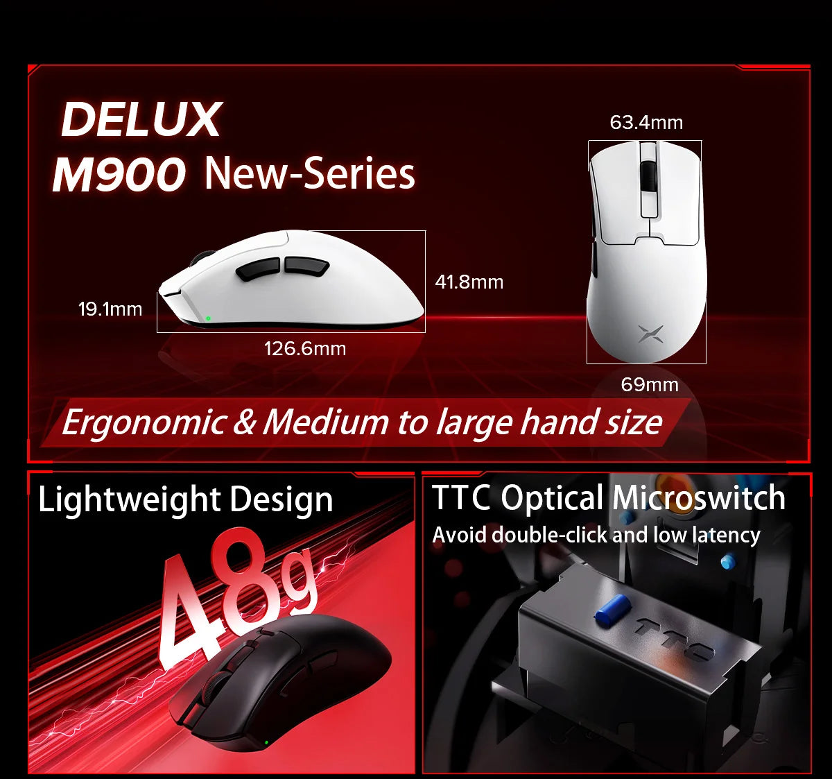 Delux M900PRO Ultra-light Version Wireless Gaming Mouse Ergonomic 1K/8K Polling Rate 50g PAW3395 for Right Big Hand PC Laptop