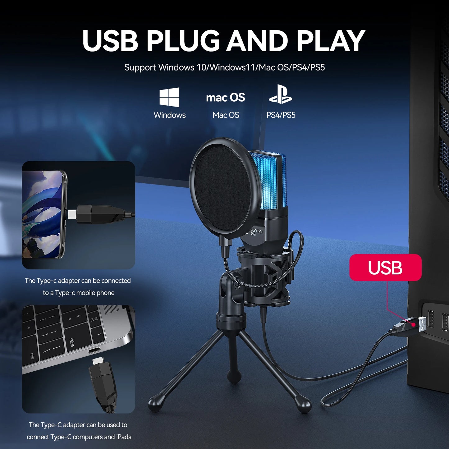 Cross-Border Hot Foreign Trade Game RGB Gaming Condenser Computer Desktop Microphone Microphone