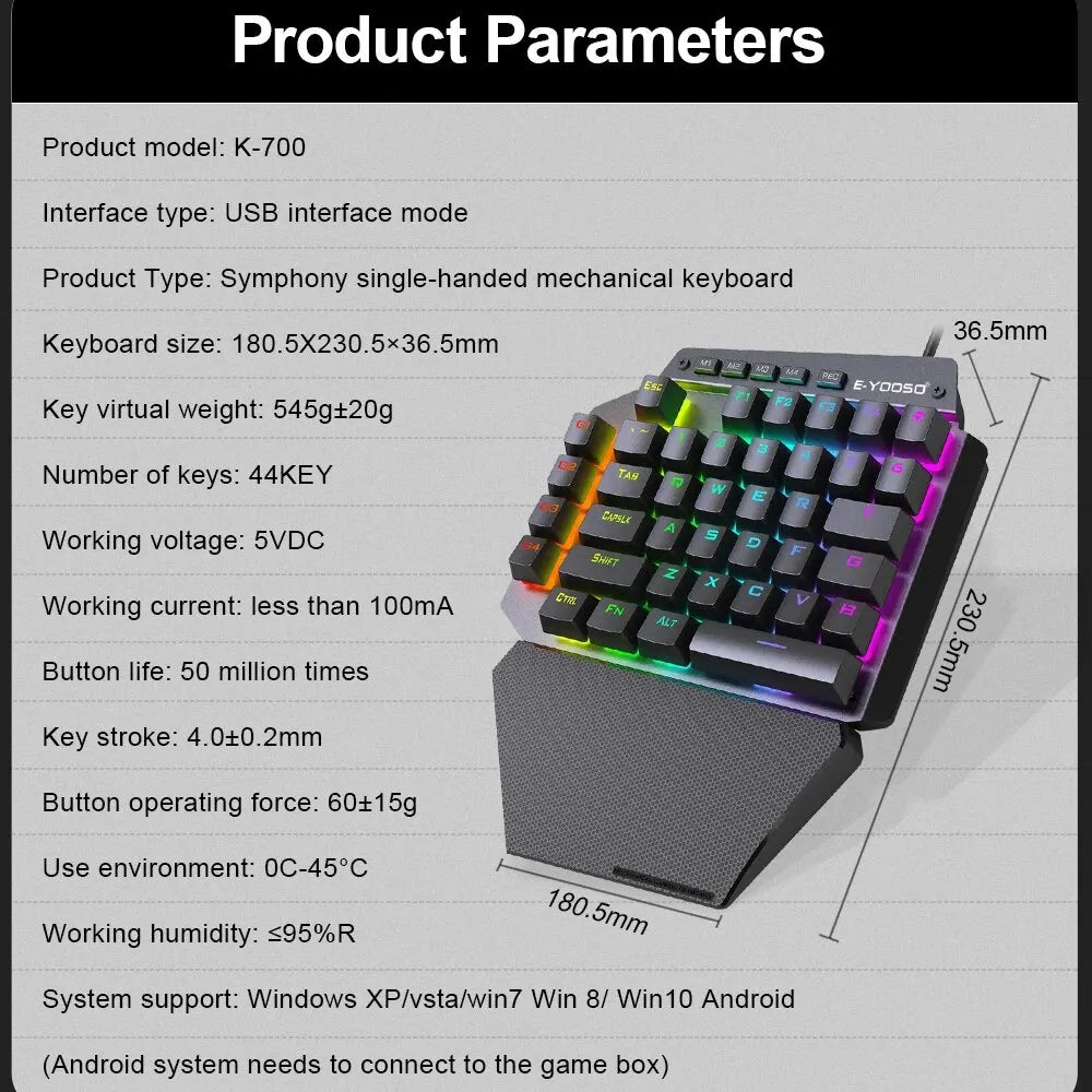 E-YOOSO K700 RGB One-handed Mechanical Gaming Wired Keyboard Red Switch 44 Key Programmable Games for Computer PC Laptop