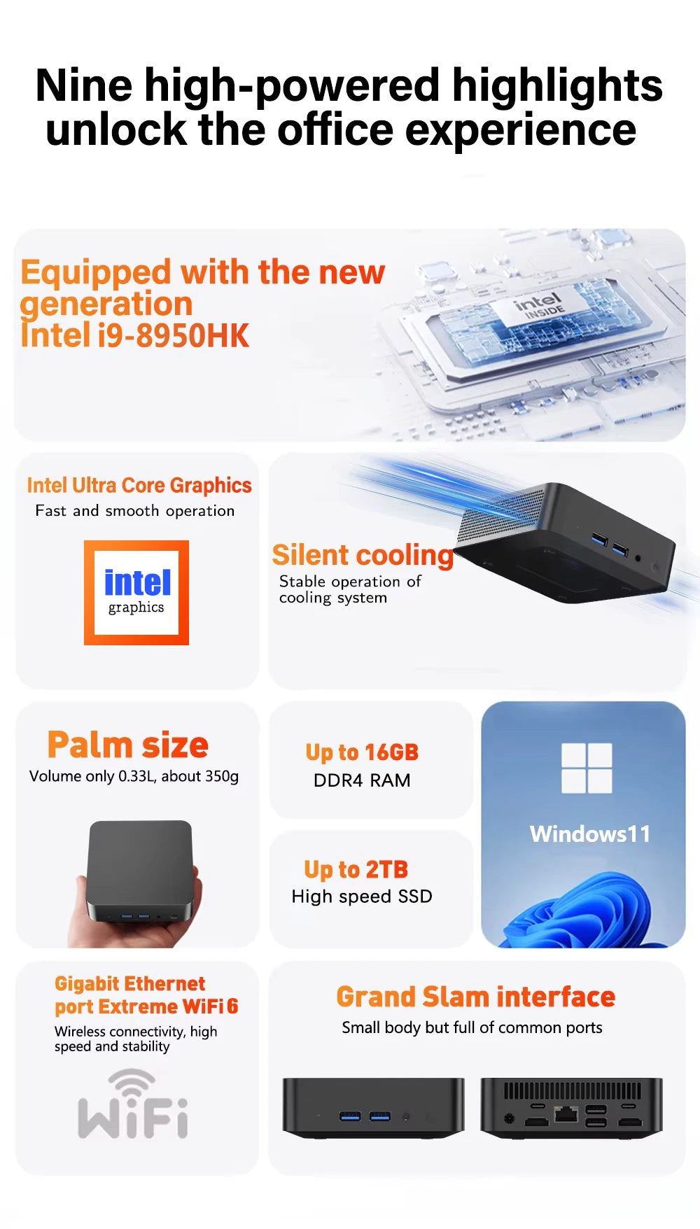 2025 Portable i9 Mini PC Computer Windows 11 Intel Core i9 8950HK 16GB 1TB Gaming Computer Dual-Band WiFi 6-Core Mini Desktop PC