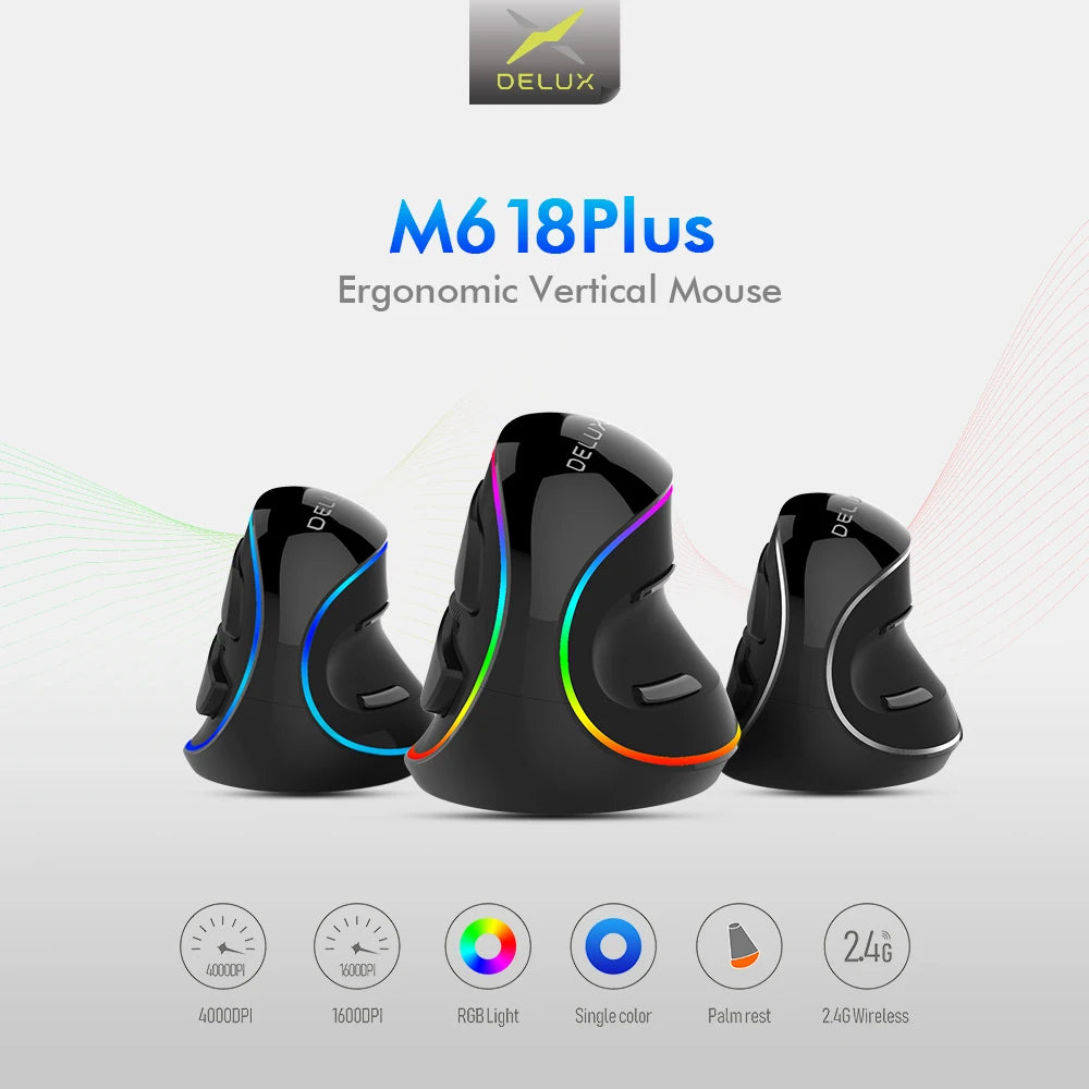 Delux M618 PLUS Ergonomics Vertical Gaming Mouse 6 Buttons 4000 DPI RGB Wired/Wireless Right Hand Mice For PC Laptop Computer