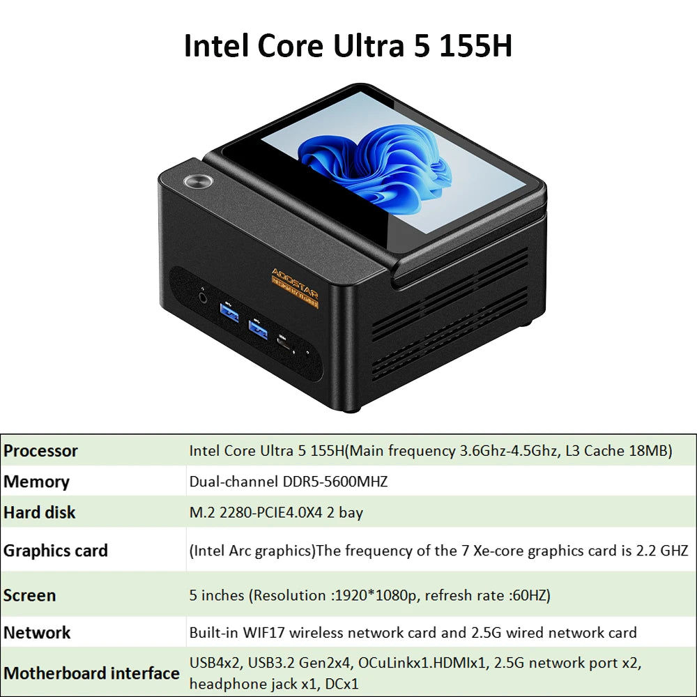 AOOSTAR G-FLIP Intel Core Ultra 5 155H Mini PC Windows 11 DDR5 Dual Channel NVMe M.2 SSD WIFI7 Desktop Office Gaming Computer