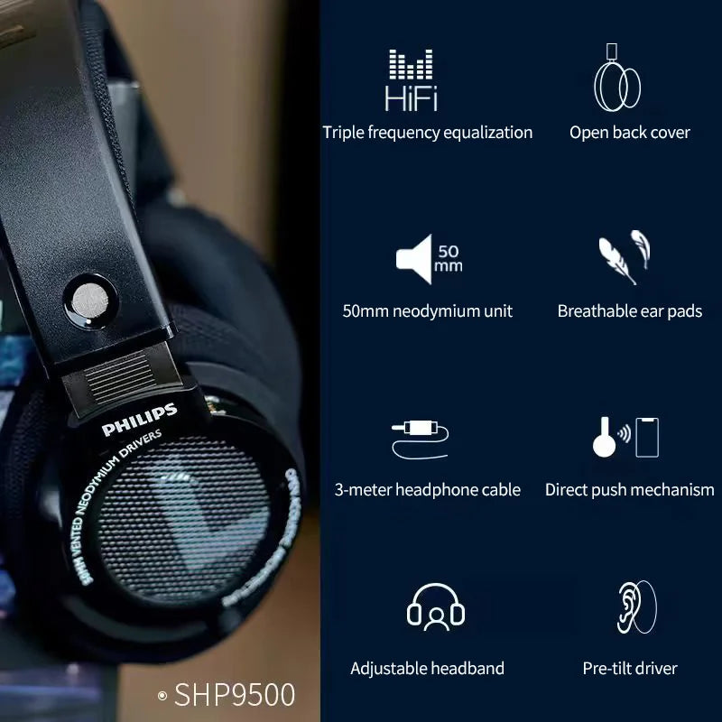 Philips SHP9500 HiFi Precision Stereo Headphones for Music Mobile Computer Gaming Open HD Mic Call Wired Headset Original 100%