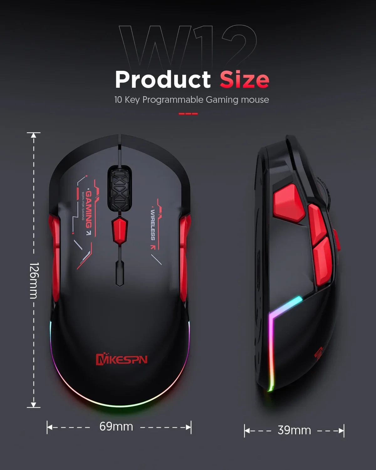 MKESPN W12 10-button Macro Gaming Mouse Both Hand Wireless Bluetooth Multi-channel Tri-mode Large RGB Ergonomic Ambidextrous