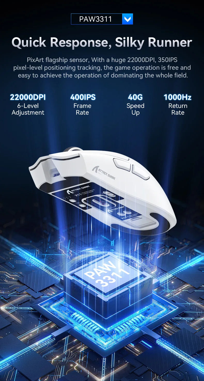 Attack Shark X11 Wireless mouse, three-mode connection 2.4GHz/ wired/Bluetooth PAW3311 22000DPI RGB magnetic charging dock mouse