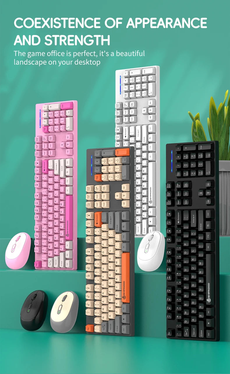 2.4G Wireless Keyboard Mouse Combo for Office Home - Battery Operated, 4 Color Options (Tricolor/Pink Popular) - Stable & Durabl