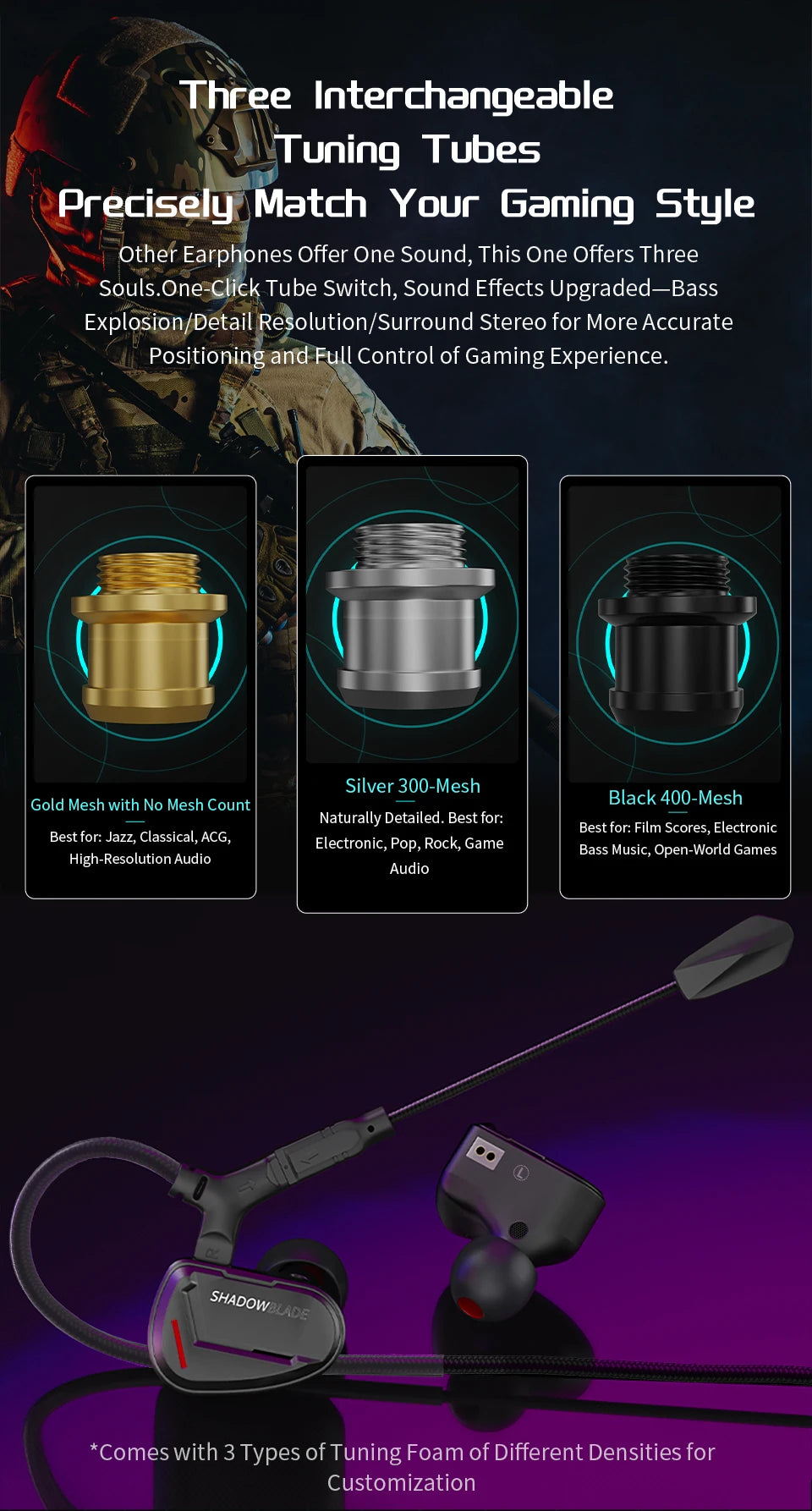 CVJ Shadow Blade Vibration Music Gaming IEM HIFI Wired in-ear Earphones Dynamic Driver + Vibration Unit with Tuning Tubes HD MIC
