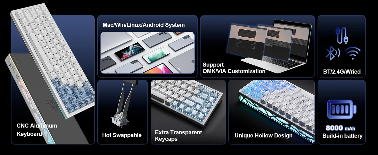 YUNZII AL65 QMK/VIA Aluminum Mechanical Keyboard, Custom RGB Wireless Gaming Keyboard, Hollow Design Gasket Hot Swap Keyboard