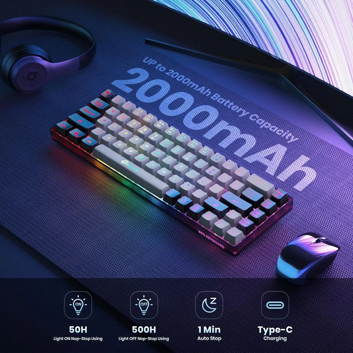 GEODMAER Wireless Gaming Keyboard Rechargeable Backlit Gaming Keyboard 68 Keys Membrane Keyboard for PC English/Spanish Layout