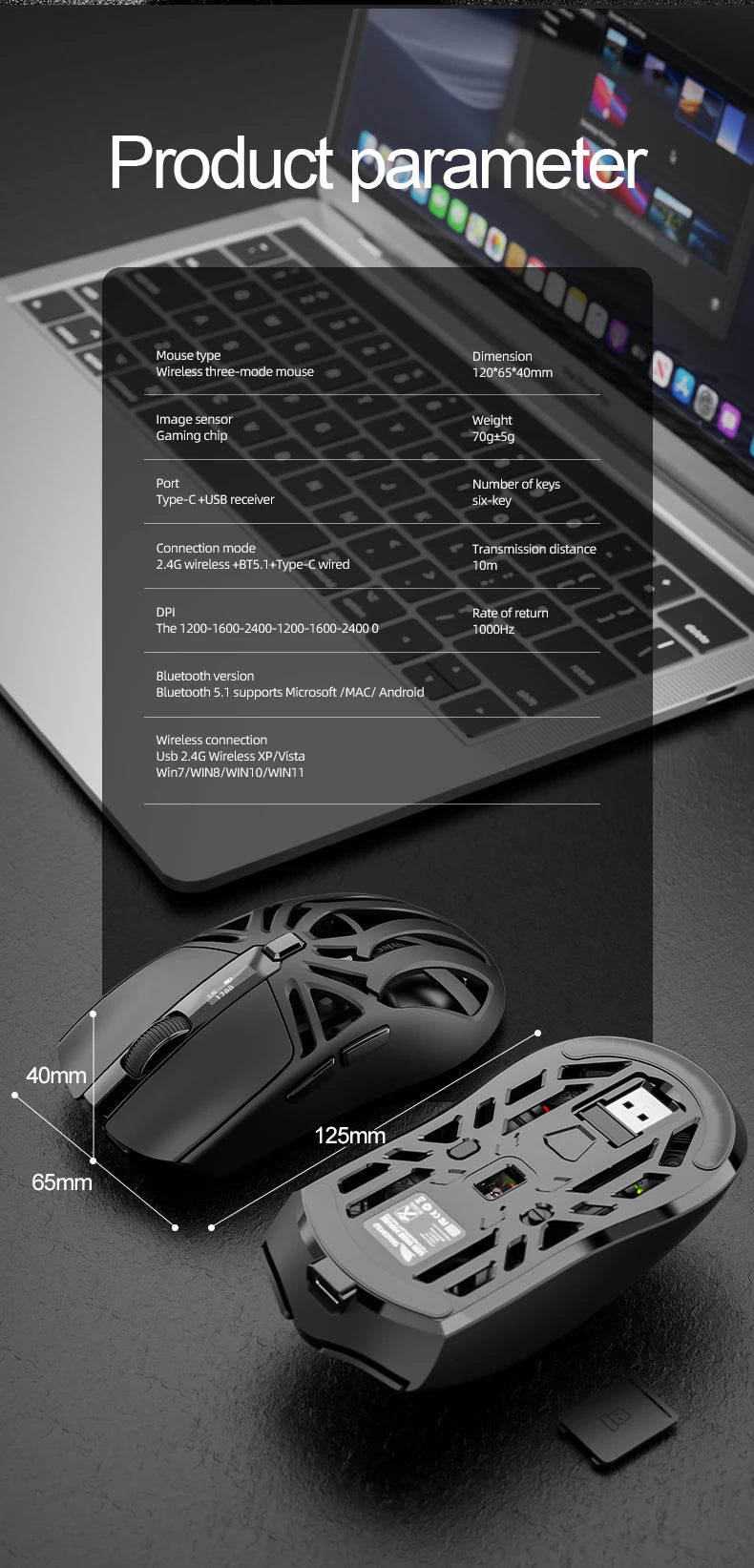 SmailWolf RS8 Bluetooth wireless 2.4g gaming mouse triple-mode lightweight e-sports gaming 1K return rate 10000DPI computer