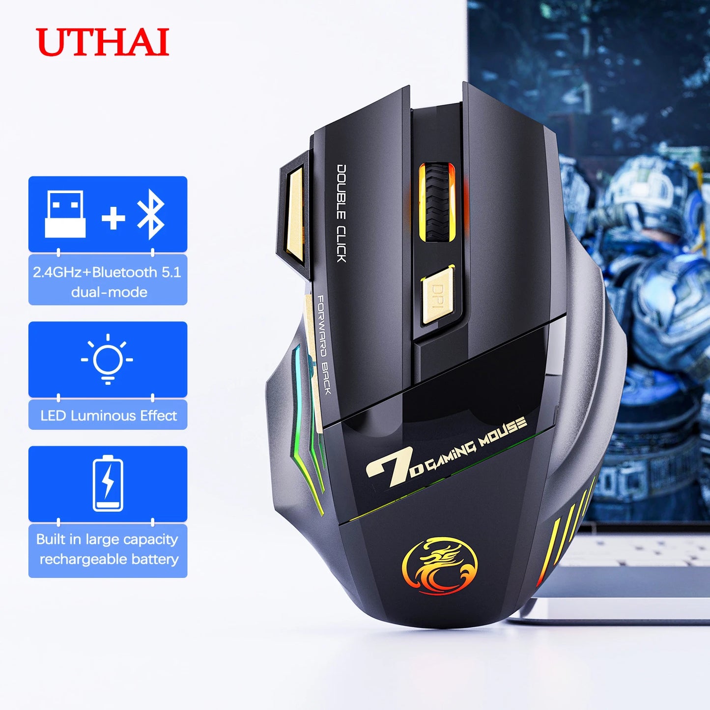 UTHAI GW-X7 Laptop accessories 7-key double tap free 2.4G silent rechargeable colorful breathing light wireless gaming mouse