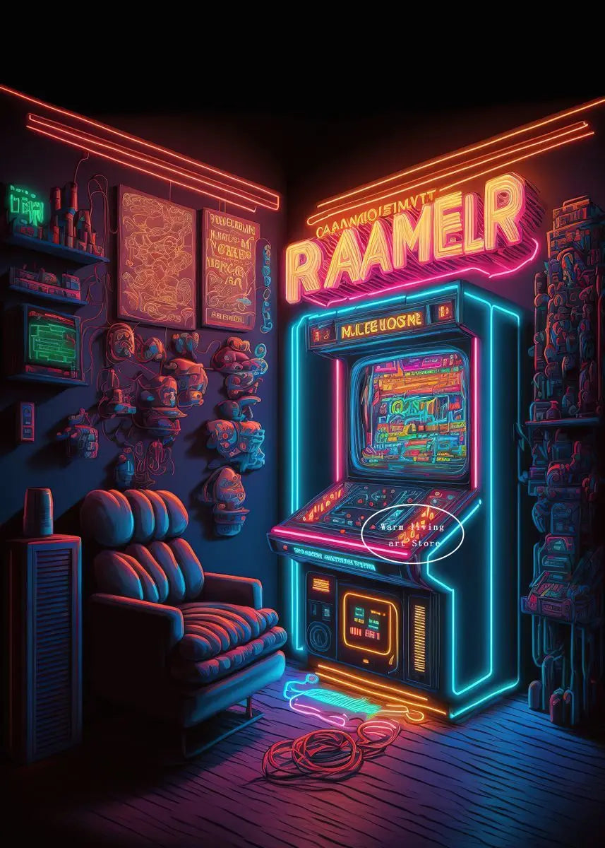 80s Retro Neon Game Quotes Poster Boy Gaming Controller Gamer Zone Room Eat Sleep Game Repeat Canvas Painting Home Decor Gift