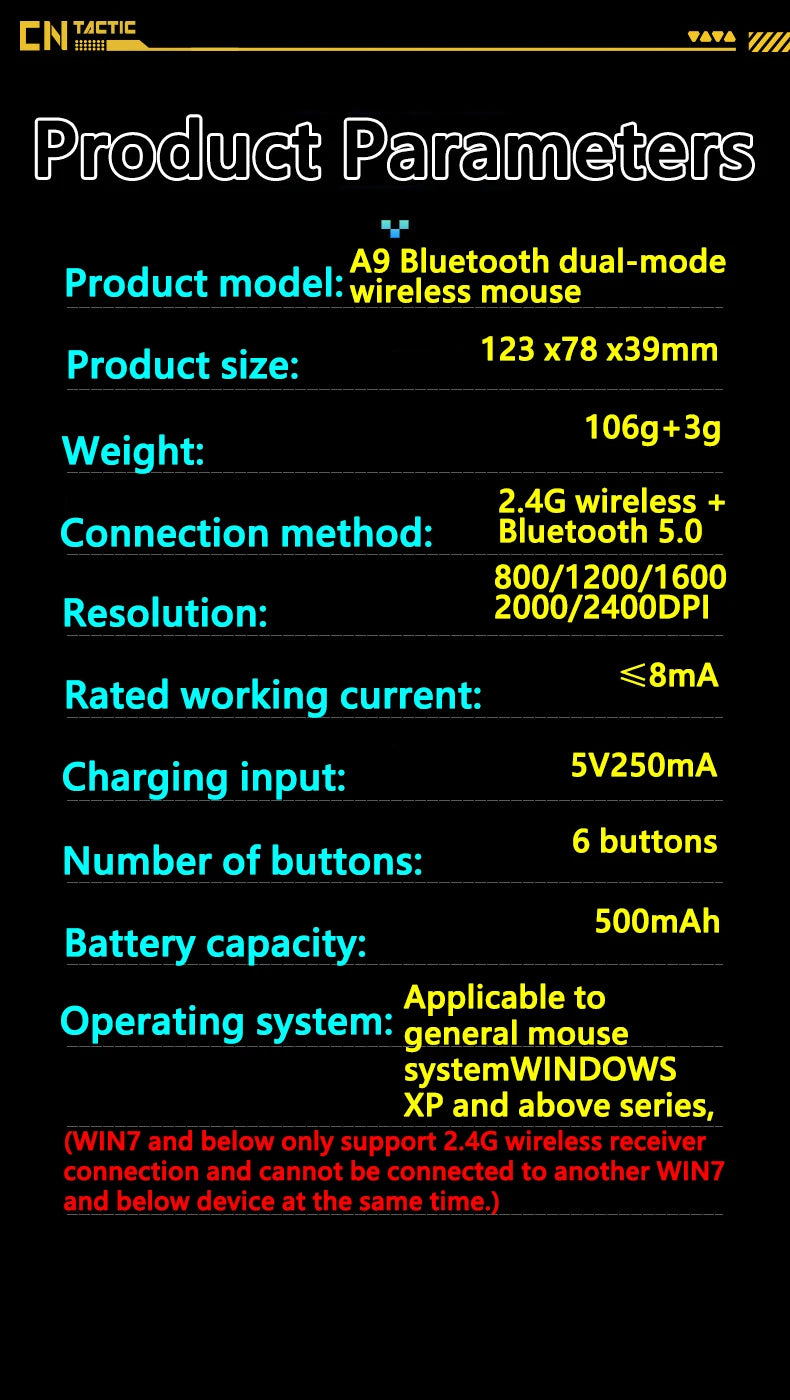 Inphic A9 Explorer Wireless Gaming Mouse 500mA Battery Level Display Ergonomic Rechargeable Silent Bluetooth Office Mouse