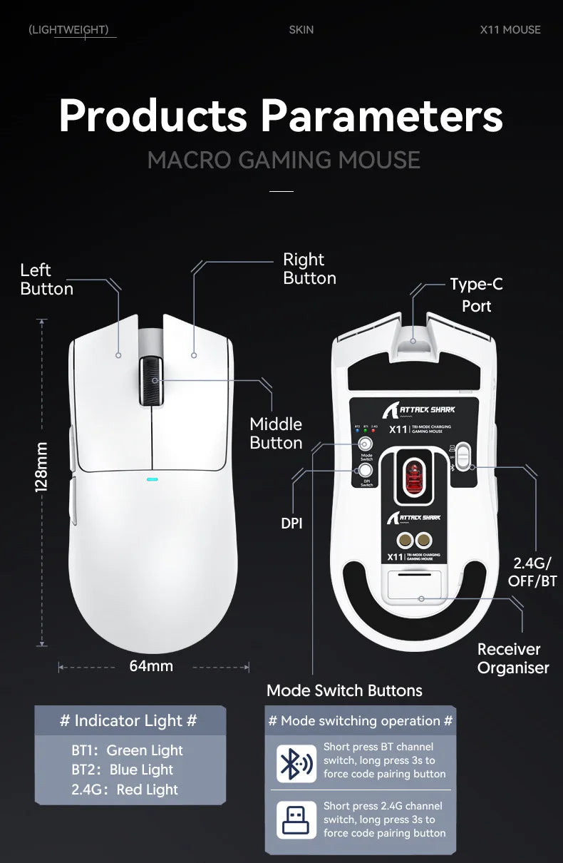 Attack Shark X11 Wireless mouse, three-mode connection 2.4GHz/ wired/Bluetooth PAW3311 22000DPI RGB magnetic charging dock mouse