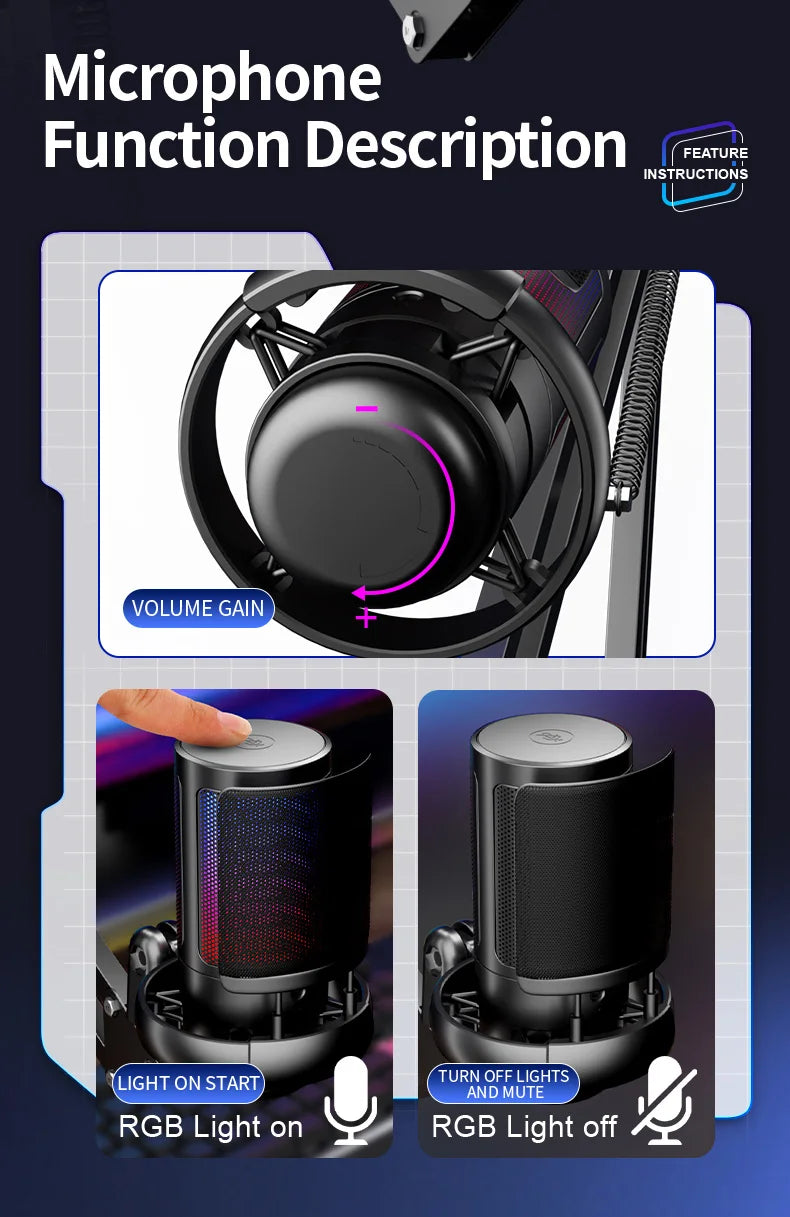 ME6S USB Condenser Gaming Professional Podcast Microphone Studio Recording Microphone Ampliant RGB Gaming Microphone