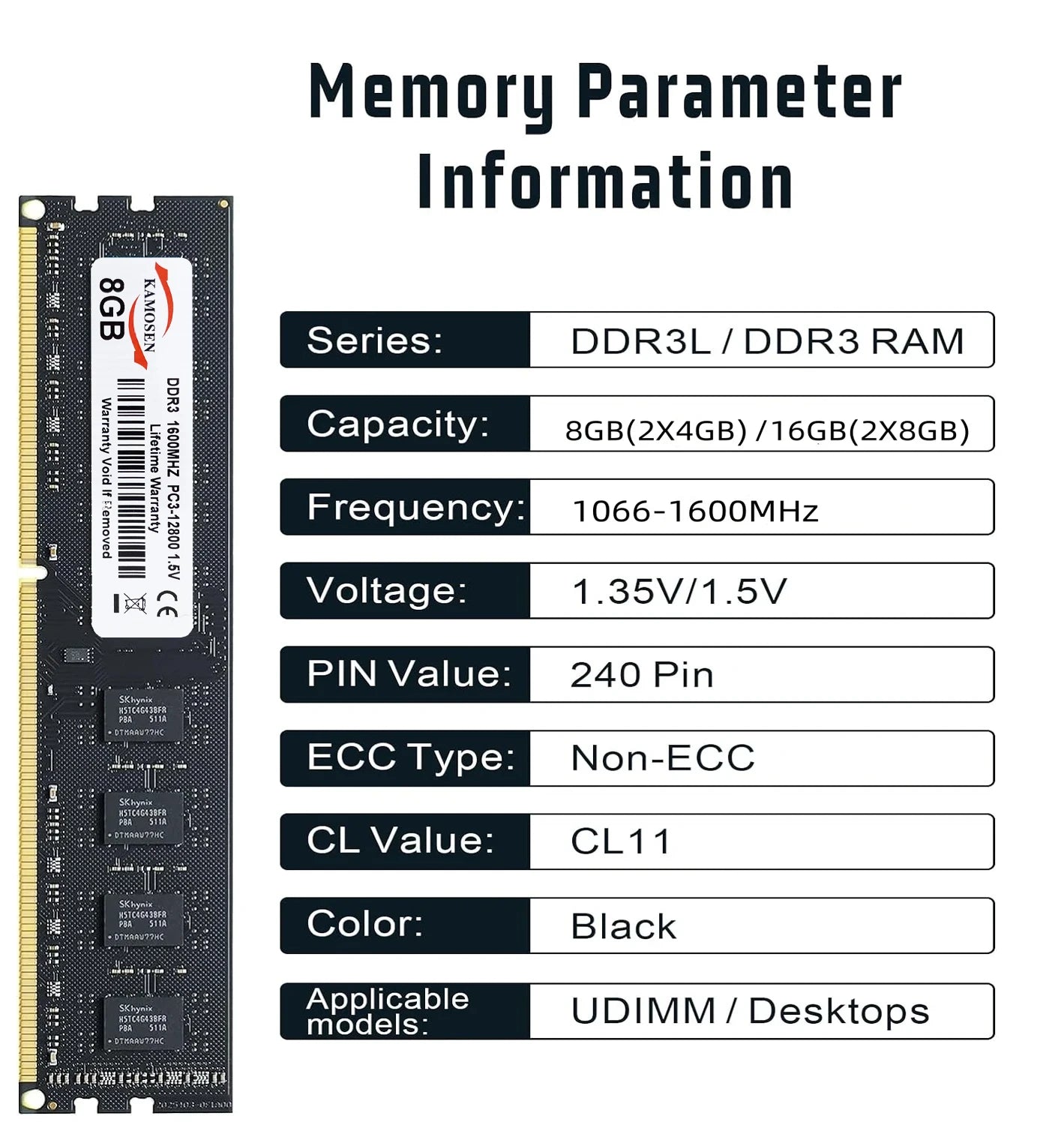 KAMOSEN DDR3 4GB 8GB 16GB desktop Ram PC3 1333 1600 1066 1866MHZ 1.5V  dimm RAM desktop memory