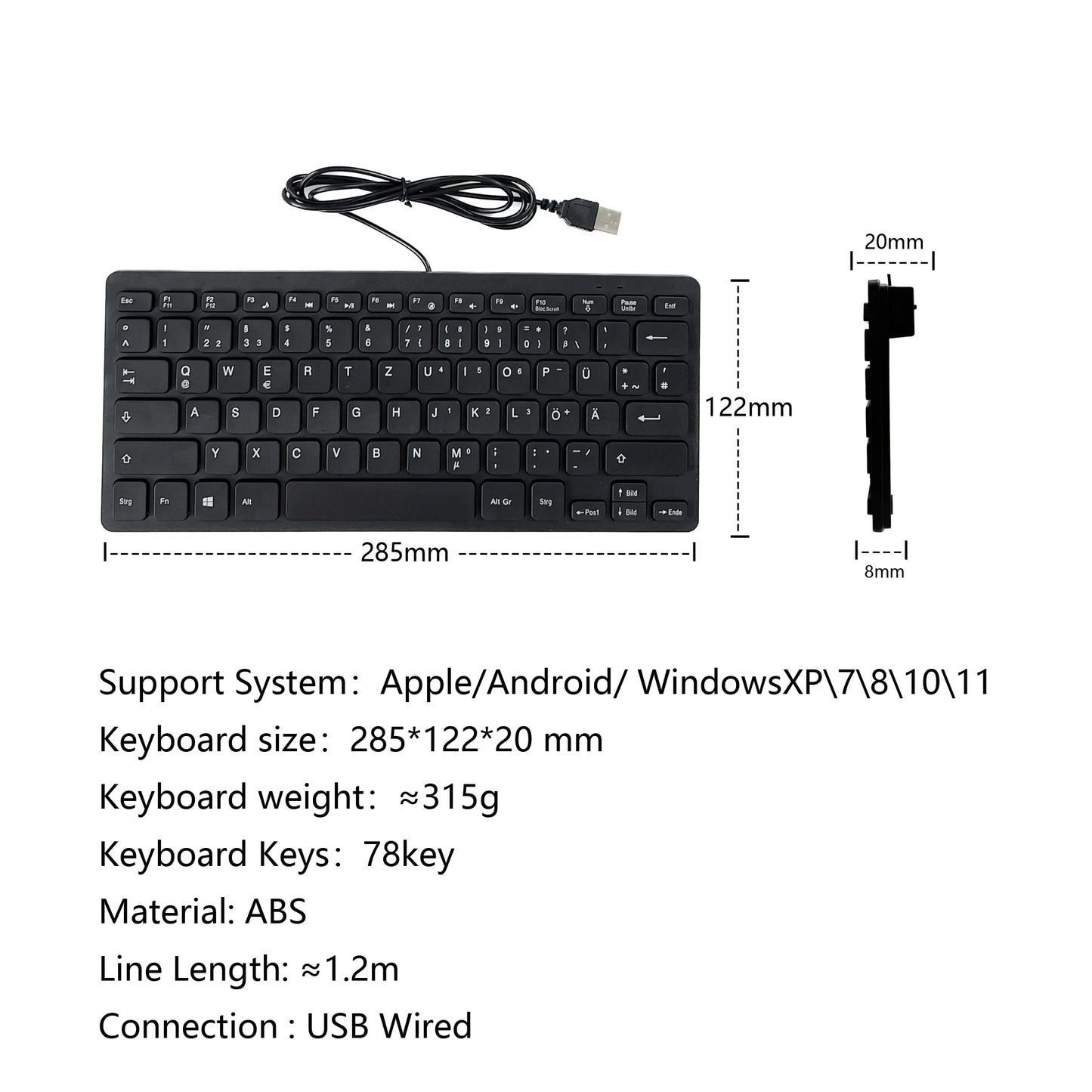 Japanese German Russian French Spanish USB wired mini keyboard Language 78 Keys for Desktop Computer PC Laptop thin