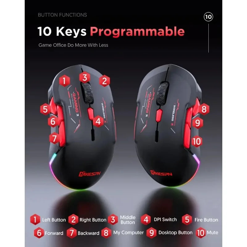 MKESPN W12 10-button Macro Gaming Mouse Both Hand Wireless Bluetooth Multi-channel Tri-mode Large RGB Ergonomic Ambidextrous