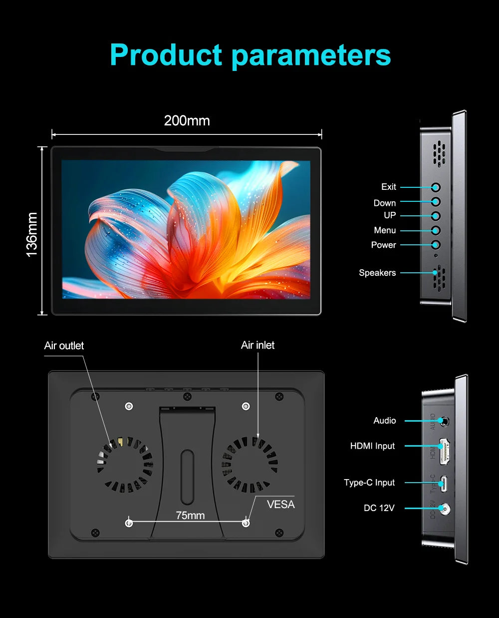 8 inch  Touch Monitor 1280x800P 16:10 Widescreen Ratio HDMI Interface for  DIY Projects Surveillance Display