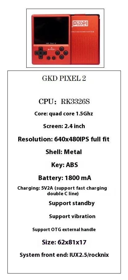 GKD Pixel2 Retro Handheld Game Console Portable Game Console 640x480Ips Rk3326s Metal CNC Body 2.4" IPS Screen Man Birthday Gift