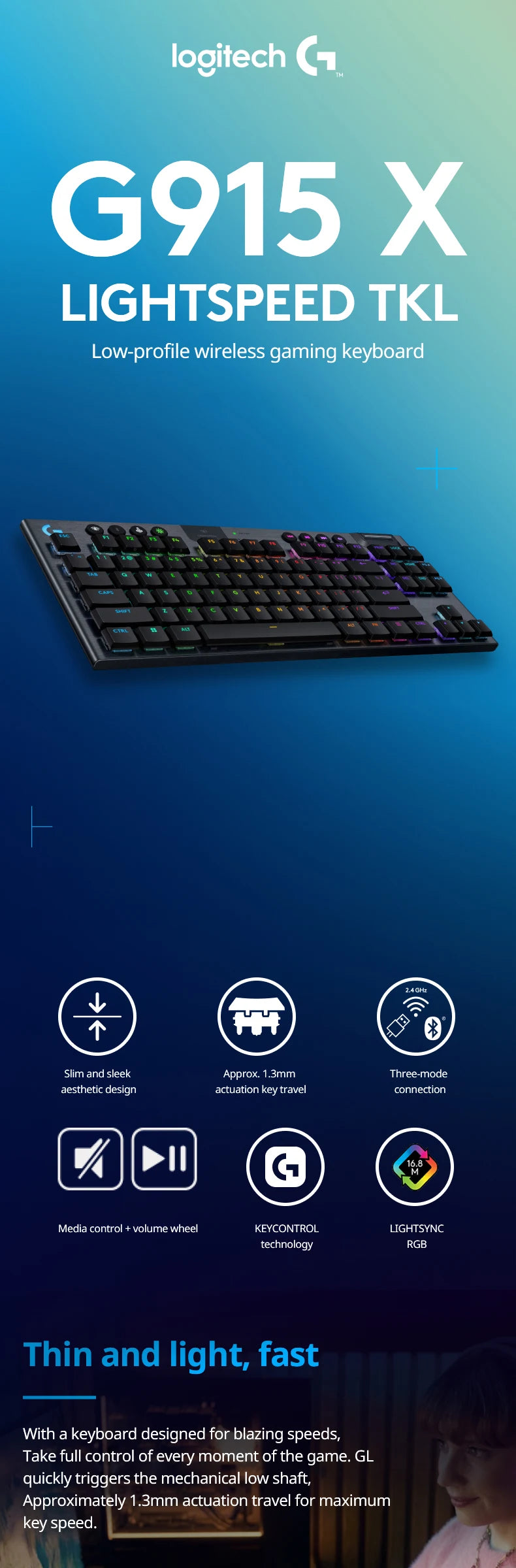 Logitech G915X TKL wireless ultra-thin electronic sports gaming mechanical keyboard, 1.3mm trigger key travel, RGB lighting, PBT