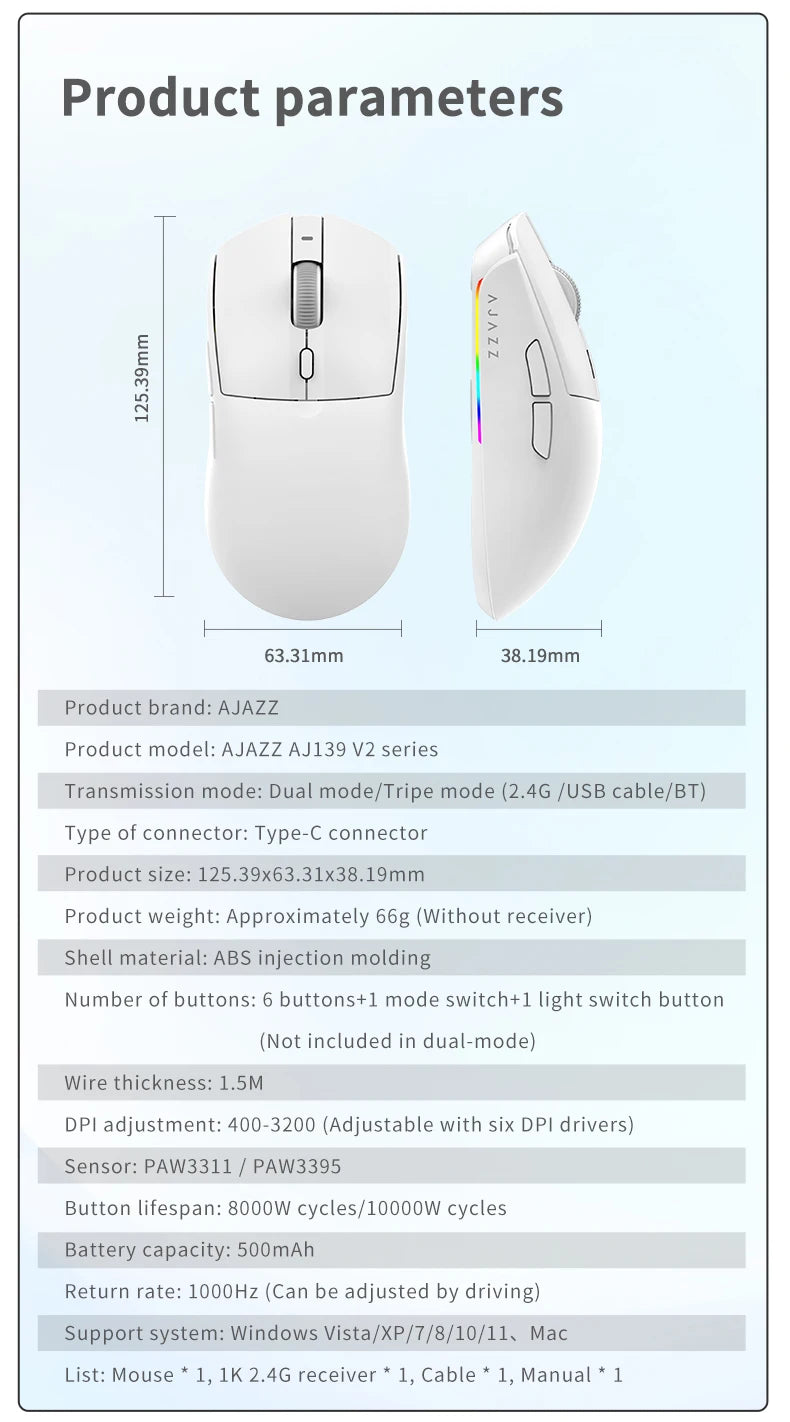 AJ139-V2-MC Tri-mode Wired/2.4GHz /BT Wireless Gaming Mouse with Magnetic Charging Base PAW3311 Gaming Chipset 12000DPI Max