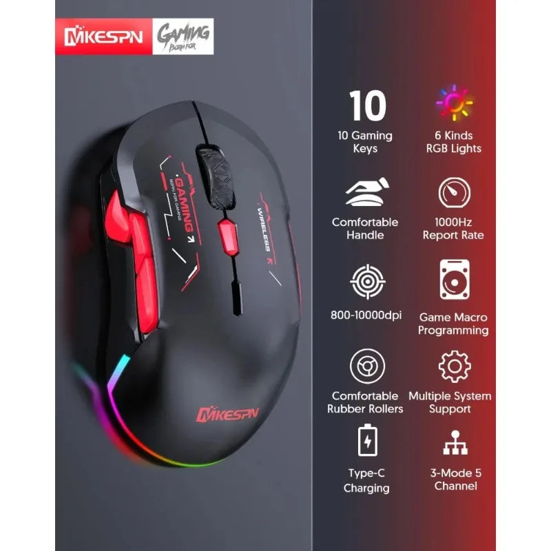 MKESPN W12 10-button Macro Gaming Mouse Both Hand Wireless Bluetooth Multi-channel Tri-mode Large RGB Ergonomic Ambidextrous