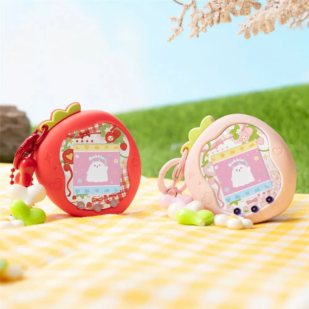 Silicone Protective Knob Cover with Panel Paper Pendant Protective Shell Red Pink Strawberry for Tamagotchi for Paradise Uni