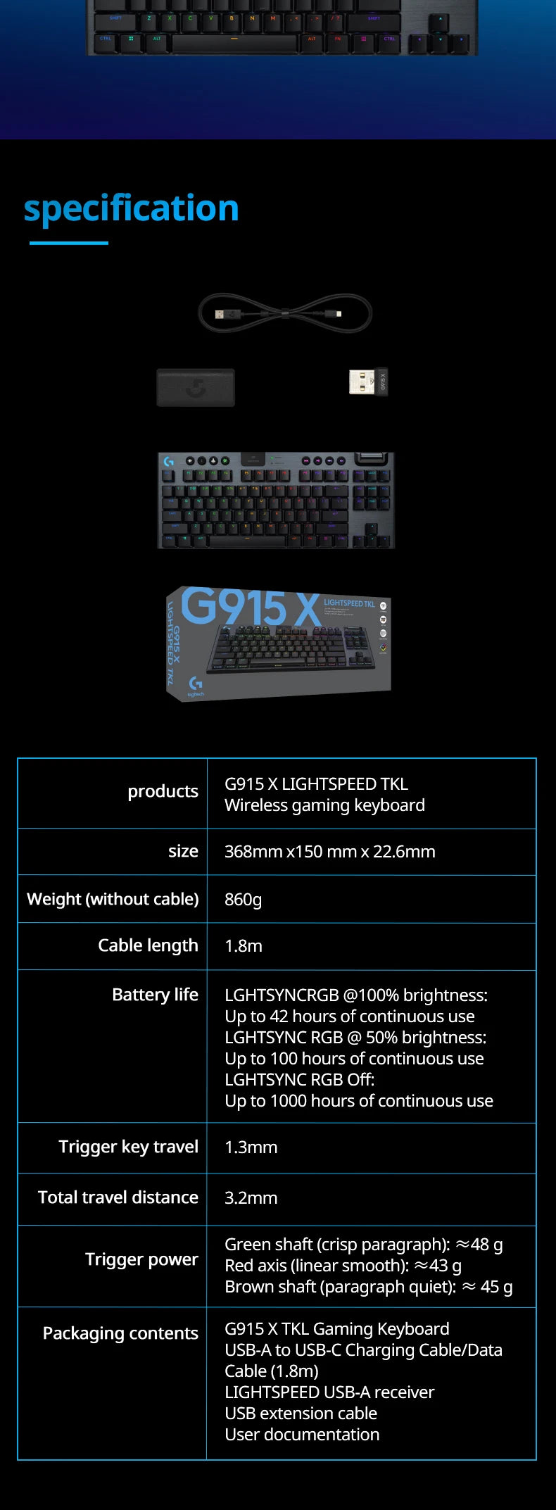 Logitech G915X TKL wireless ultra-thin electronic sports gaming mechanical keyboard, 1.3mm trigger key travel, RGB lighting, PBT