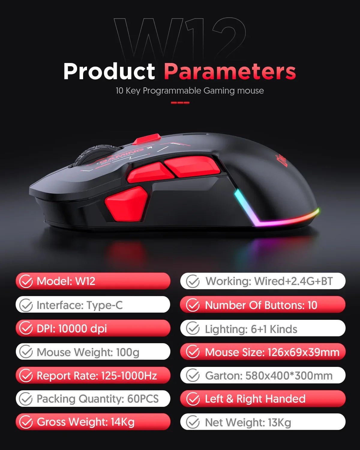 MKESPN W12 10-button Macro Gaming Mouse Both Hand Wireless Bluetooth Multi-channel Tri-mode Large RGB Ergonomic Ambidextrous