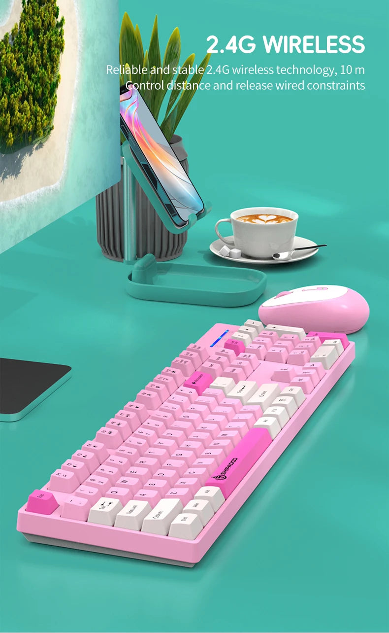 2.4G Wireless Keyboard Mouse Combo for Office Home - Battery Operated, 4 Color Options (Tricolor/Pink Popular) - Stable & Durabl