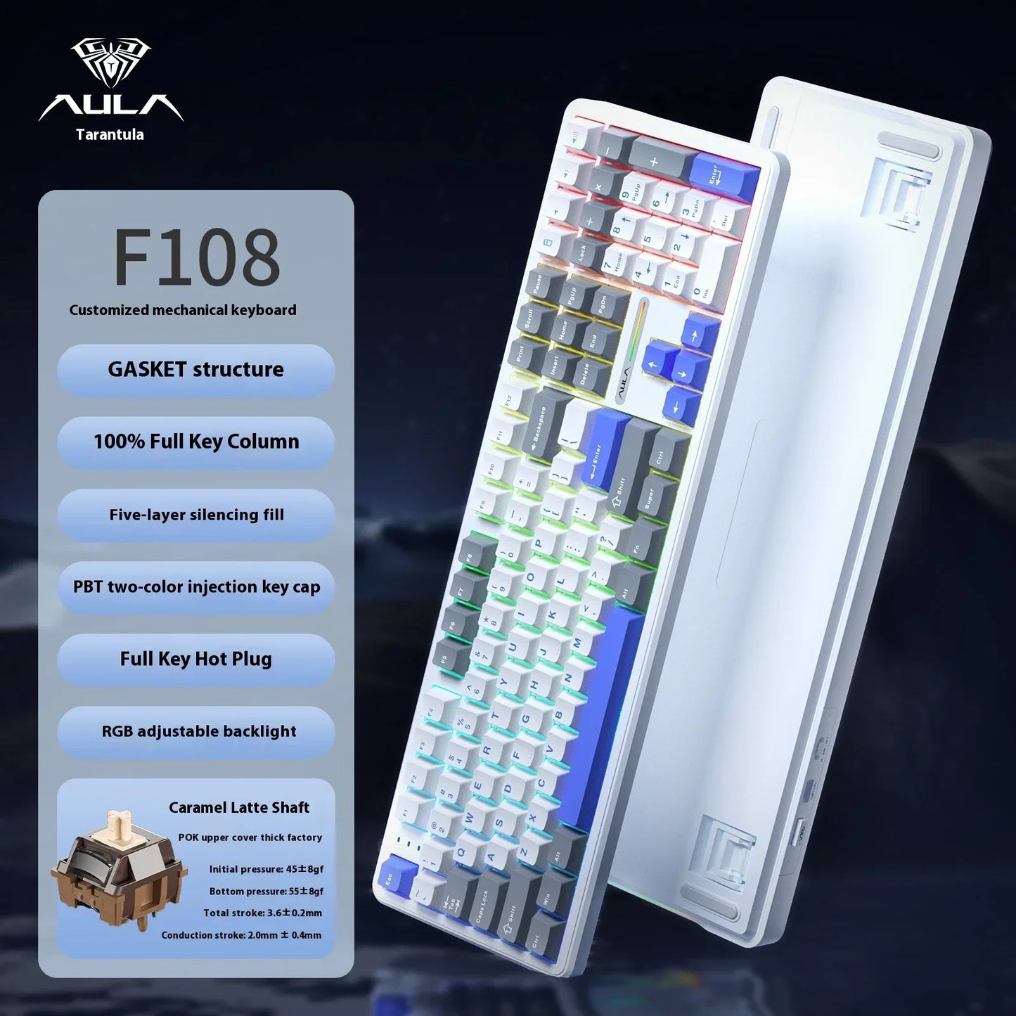 AULA F108/PRO Gaming Keyboard Mechanical RGB Hot Swappable Wireless 2.4G Polling Rate 100% Layout Hifi Switch Custom Accessories
