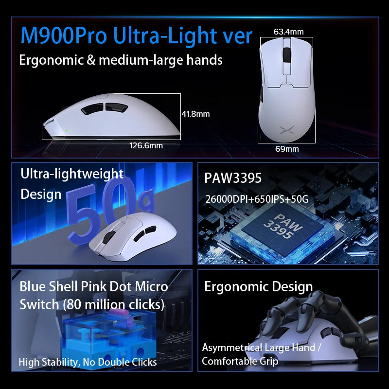 Delux M900PRO Ultra-light Version Wireless Gaming Mouse Ergonomic 1K/8K Polling Rate 50g PAW3395 for Right Big Hand PC Laptop