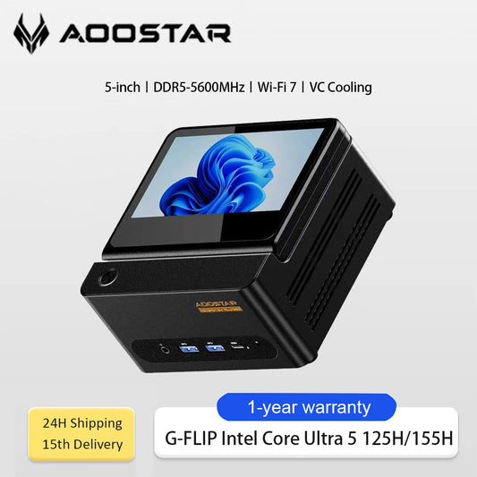 AOOSTAR G-FLIP Intel Core Ultra 5 155H Mini PC Windows 11 DDR5 Dual Channel NVMe M.2 SSD WIFI7 Desktop Office Gaming Computer