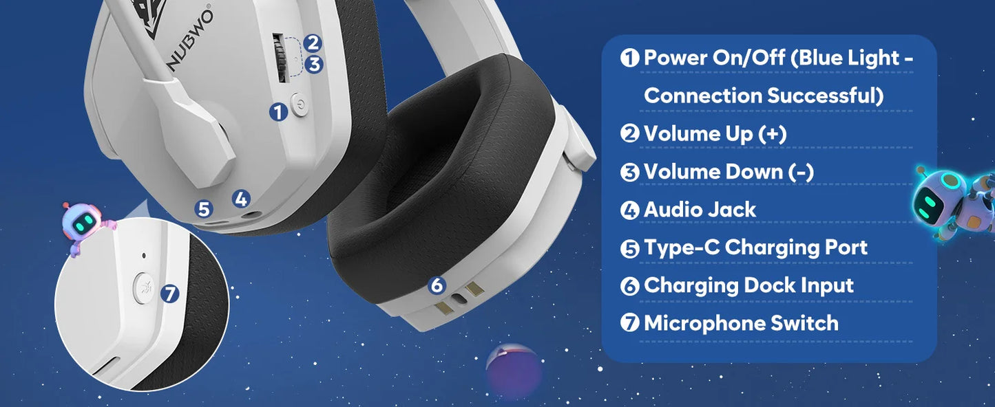 NUBWO G06 Pro Wireless Headsets Gamer with Charging Station for Headset and PS5 Controller Gaming Headphones Long Battery Life
