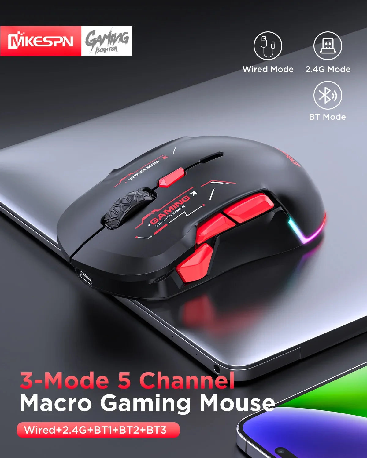 MKESPN W12 10-button Macro Gaming Mouse Both Hand Wireless Bluetooth Multi-channel Tri-mode Large RGB Ergonomic Ambidextrous