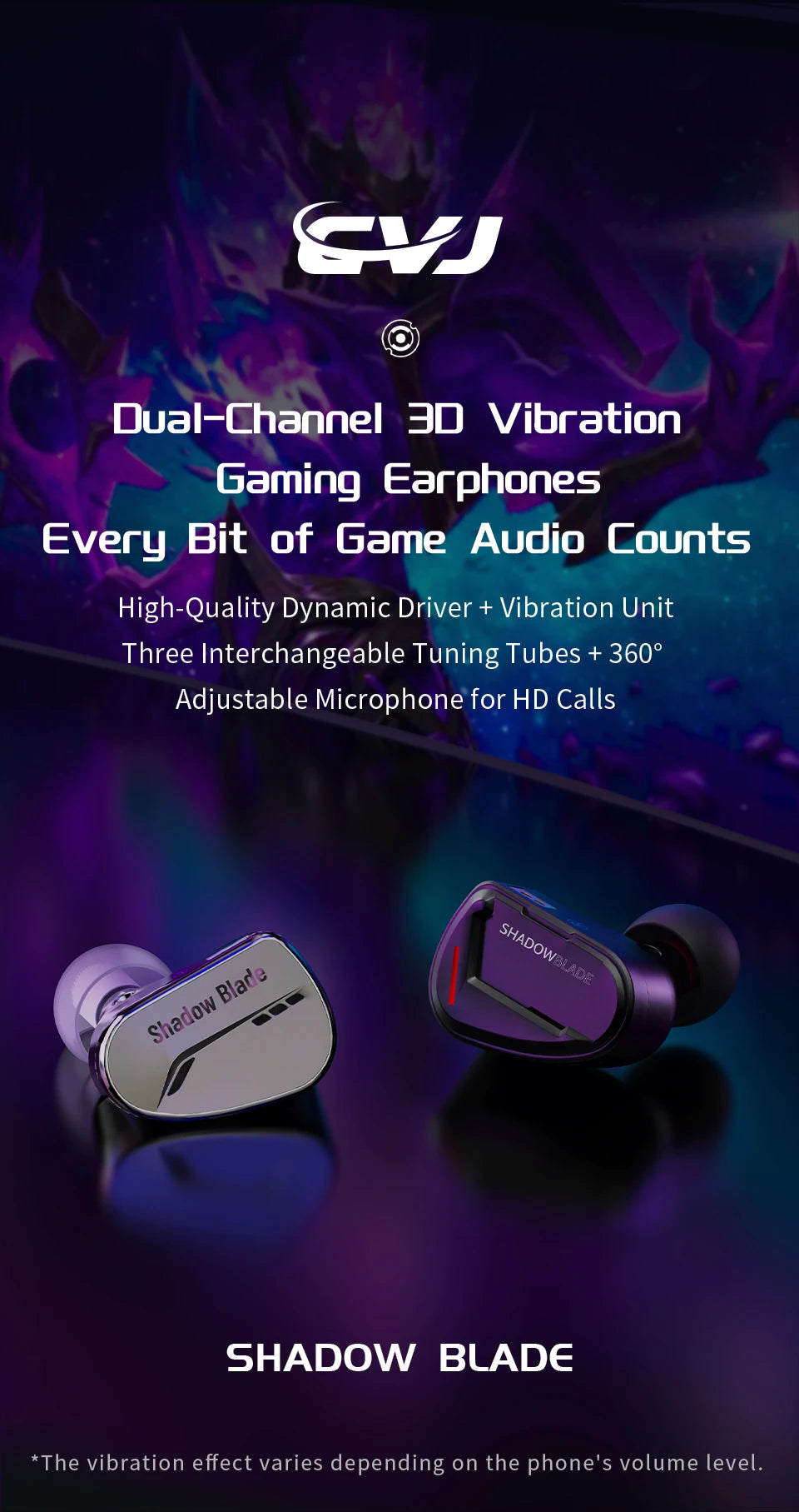 CVJ Shadow Blade Vibration Music Gaming IEM HIFI Wired in-ear Earphones Dynamic Driver + Vibration Unit with Tuning Tubes HD MIC