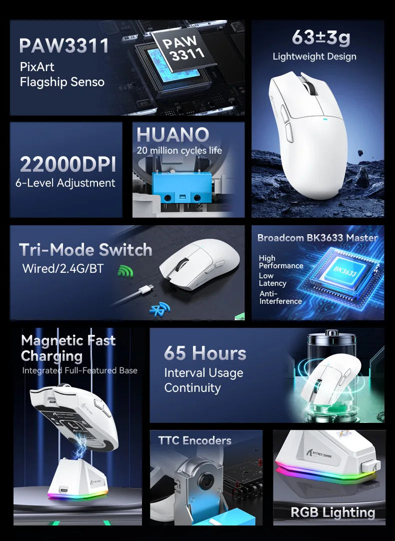 Attack Shark X11 Wireless mouse, three-mode connection 2.4GHz/ wired/Bluetooth PAW3311 22000DPI RGB magnetic charging dock mouse