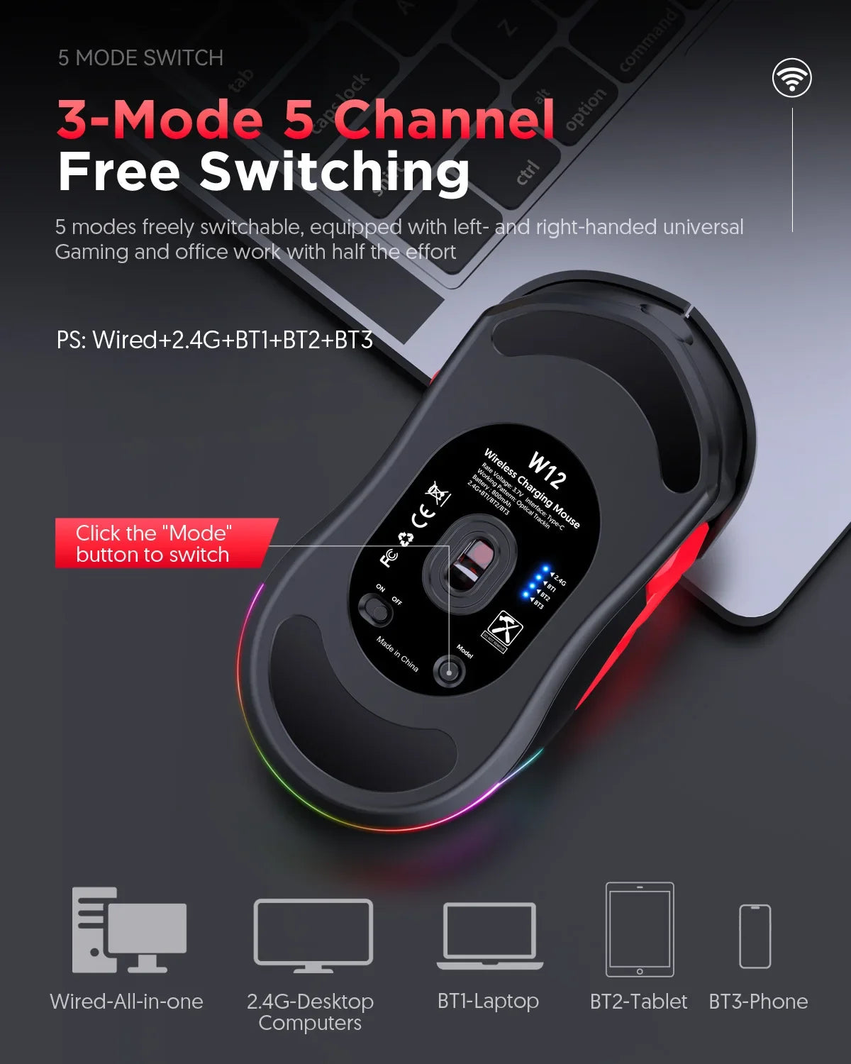 MKESPN W12 10-button Macro Gaming Mouse Both Hand Wireless Bluetooth Multi-channel Tri-mode Large RGB Ergonomic Ambidextrous