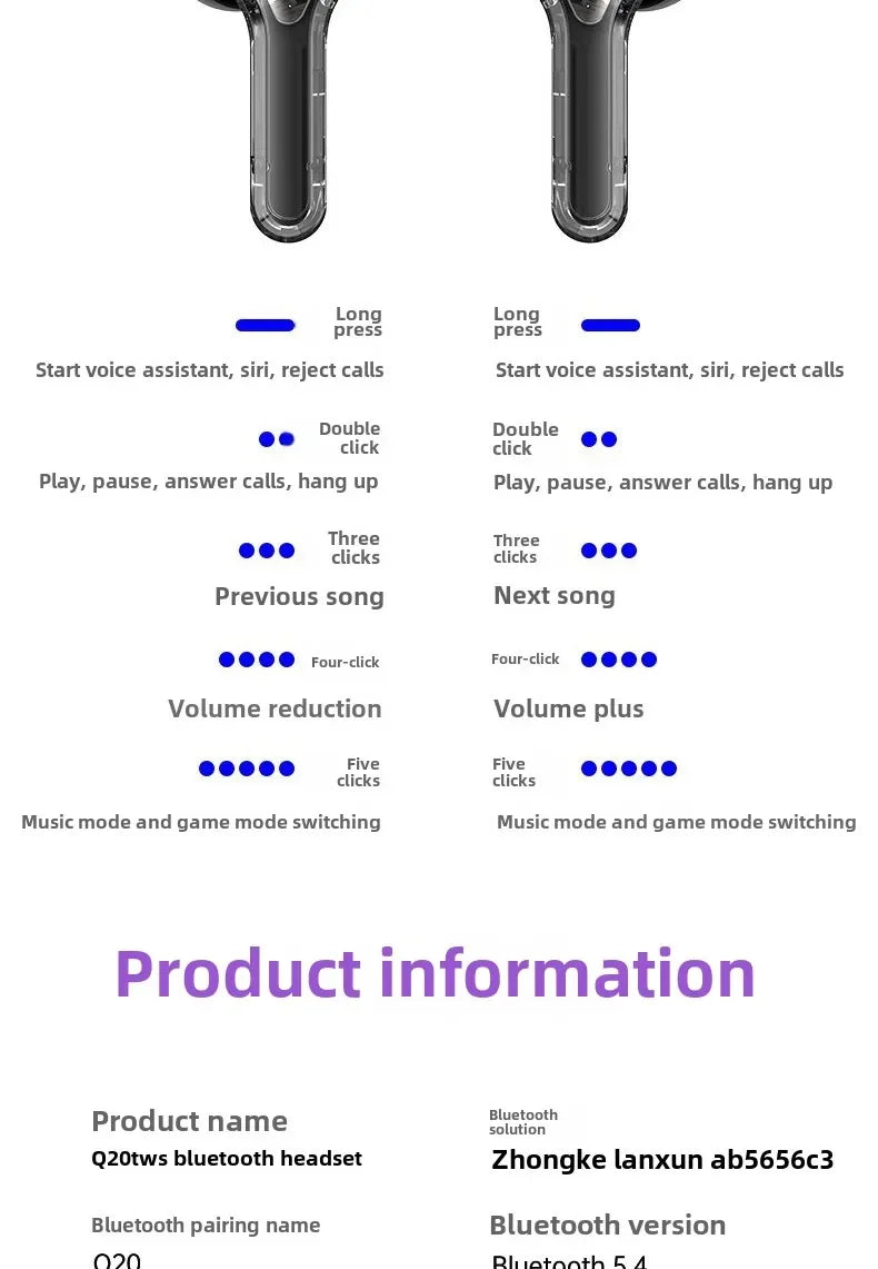 Wireless Bluetooth-compatible Earphones Intelligent Touch Color LCD Screen TWS Earbuds HIFI Noise Reduction Stereo Earphones