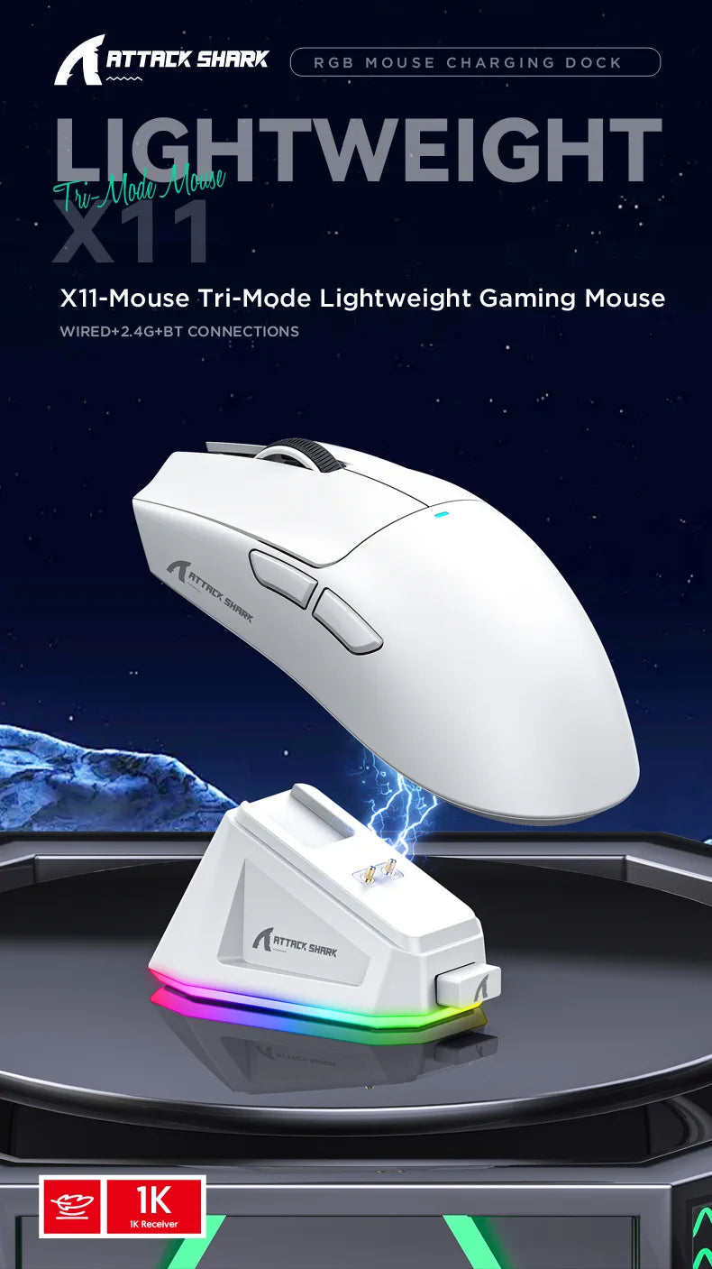 Attack Shark X11 Wireless mouse, three-mode connection 2.4GHz/ wired/Bluetooth PAW3311 22000DPI RGB magnetic charging dock mouse